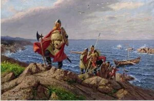 Viking warrior arriving in a new country with his men
