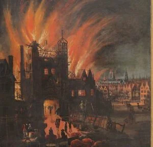 Picture of flames shooting up from buildings in London.