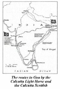 A map ofthe indian continent, showing the route they took from Calcutta to Goa.