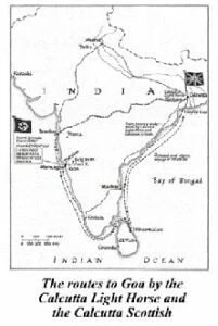 A map ofthe indian continent, showing the route they took from Calcutta to Goa.