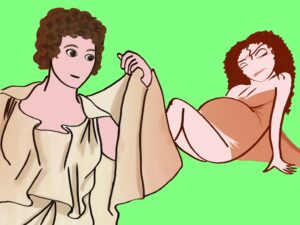 A drawing of Agnodice  examining a pregnants lady in Greek dress