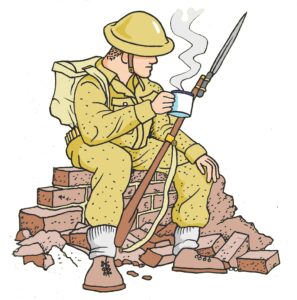 A British Tommy(soldier) sitting on a pile of bricks with a cup of tea. 