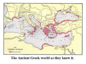 A map of the Mediterranean Sea showing the Ancient Greek world. 